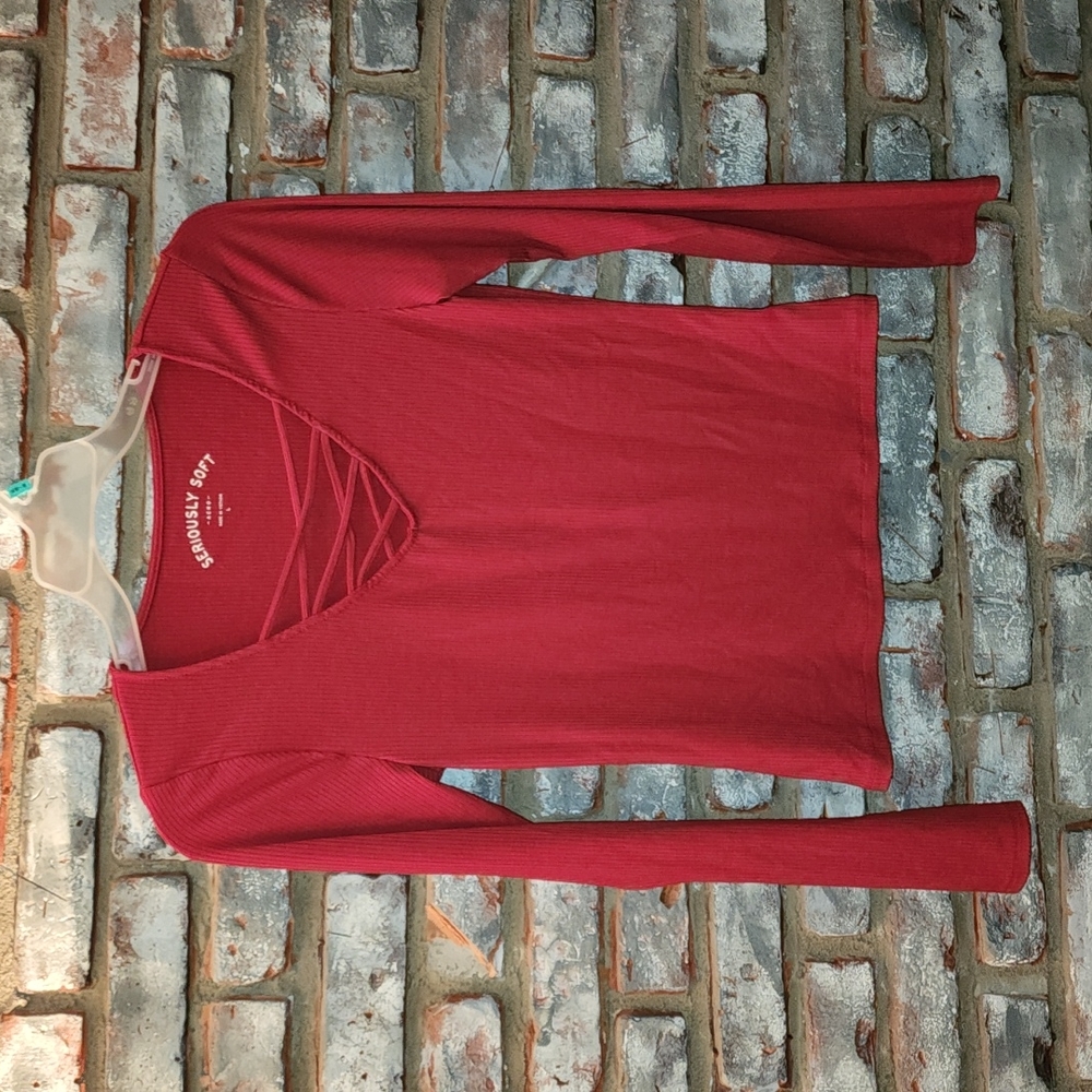 Seriously Soft Red Ribbed Long Sleeve Shirt LARGE
